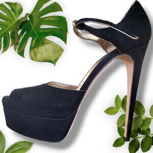 Brian Atwood Suede Black Gold Peeptoe Tribeca, Italian 39